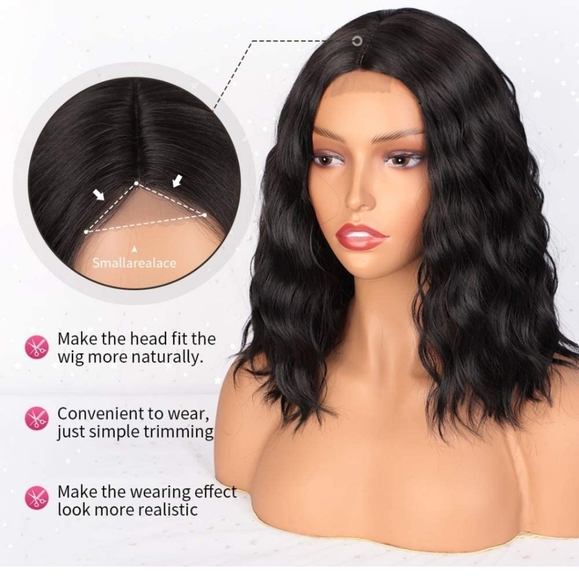 NEW Short Bob Wavy Curly Wig Synthetic Black main image 4
